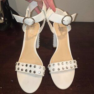 Bleeker & Bond White Leather Open Toe Heels with Silver Studs, Size 6.5